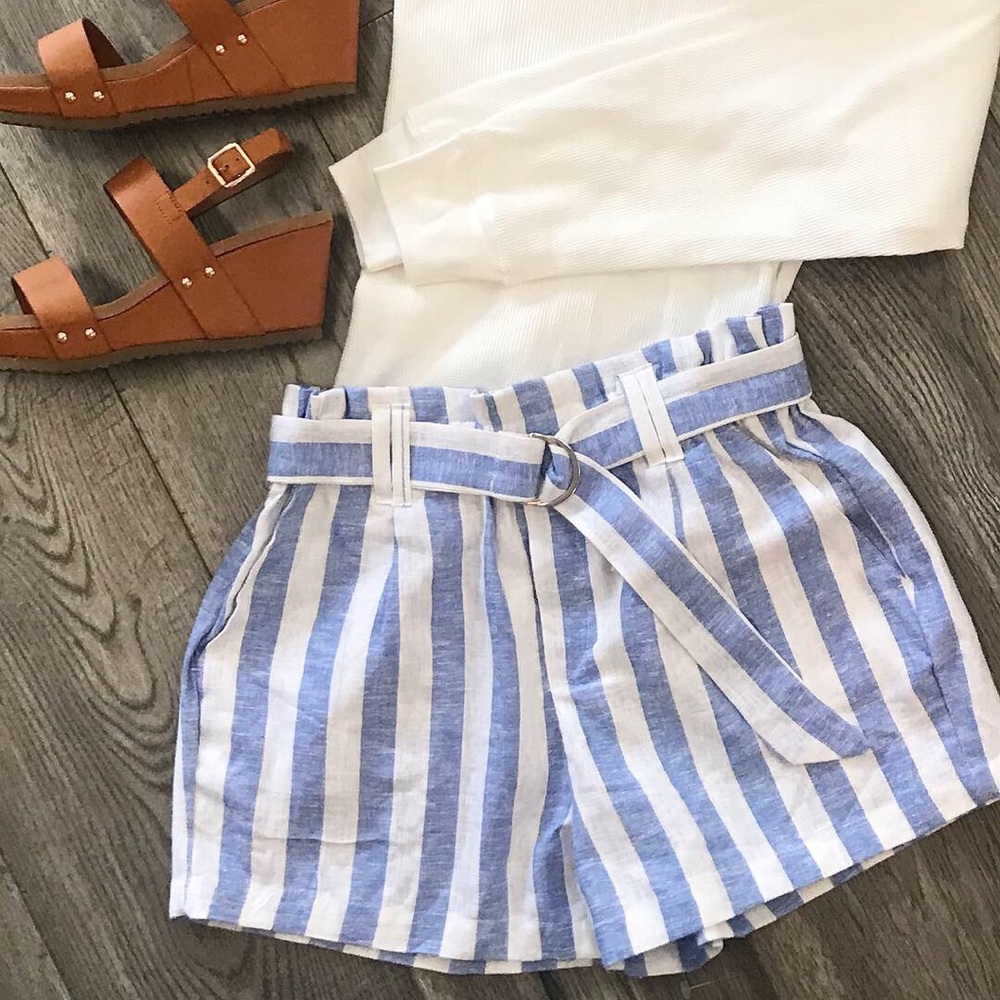 Blue and White Linen Stripe Shorts